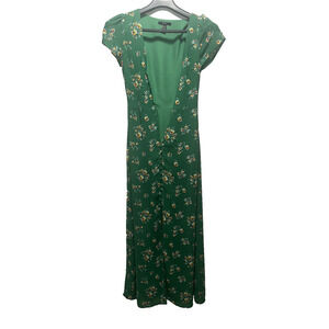 Forever 21 Green Floral Maxi Dress Women’s Size M Deep V Neck Short Sleeve Boho